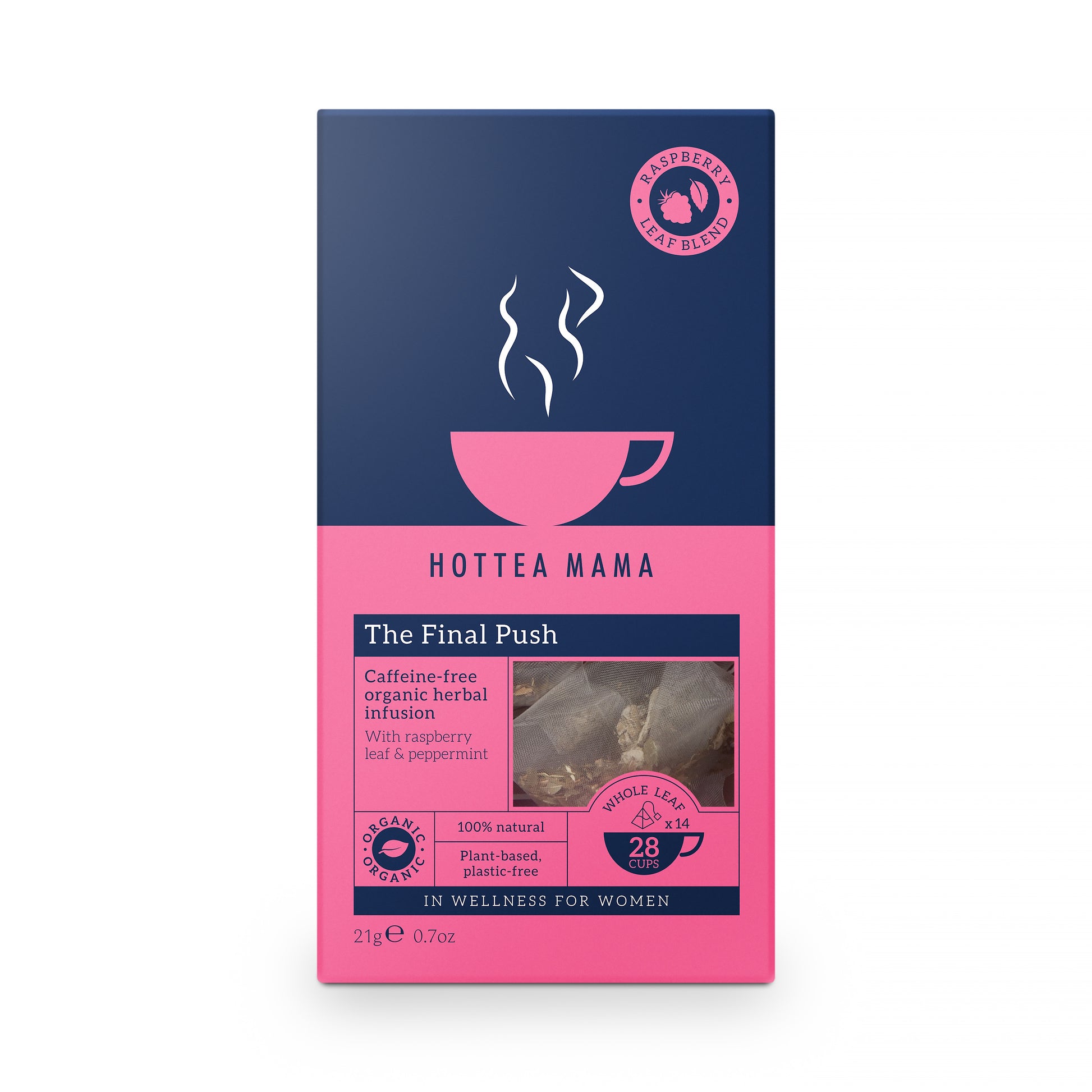 Hottea Mama tea package with pink and blue design on a white background