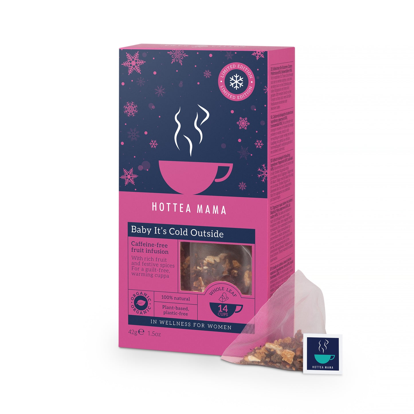 Hottea Mama tea packaging with a pink and blue design on a white background