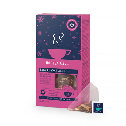 Hottea Mama tea packaging with a pink and blue design on a white background