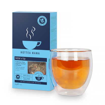 HOTTEA MAMA tea packaging with a glass of tea on a white background