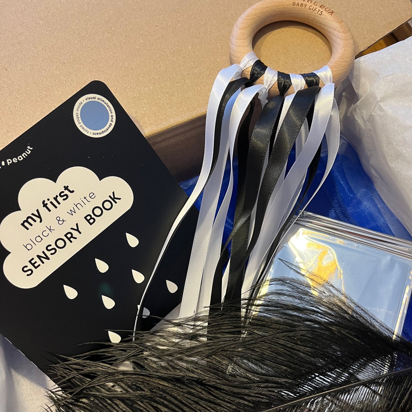 Baby teether with feathers and a book titled 'My First Sensory Book' on a cardboard surface.