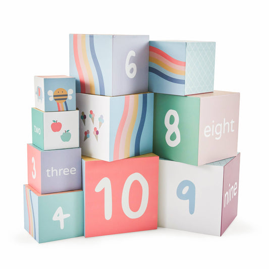Colorful number blocks stacked on a white background