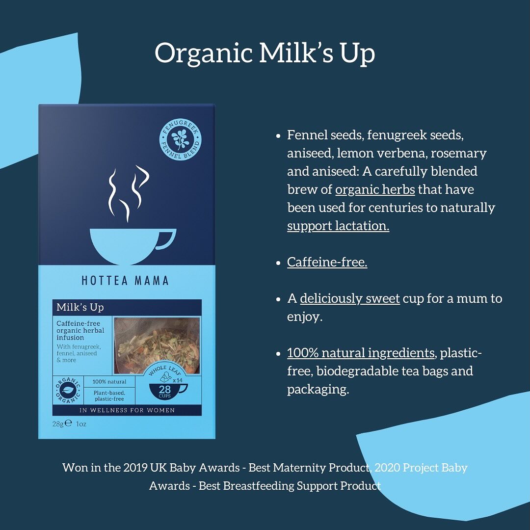 Hottea Mama Milk's Up packaging with product details on a dark blue background