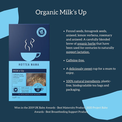 Hottea Mama Milk's Up packaging with product details on a dark blue background