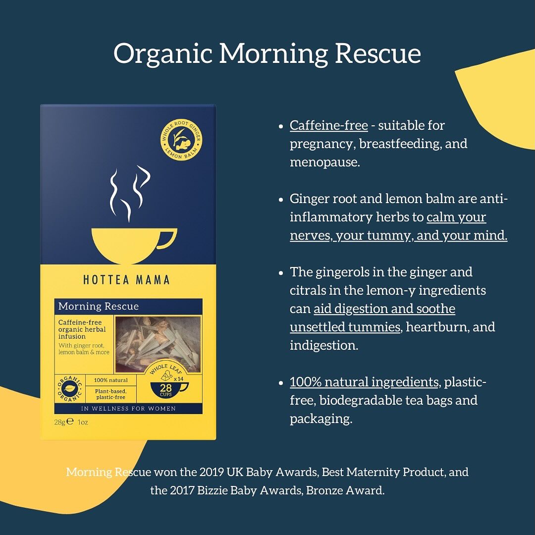 HOTTEA MAMA Organic Morning Rescue tea package with product details on a blue background