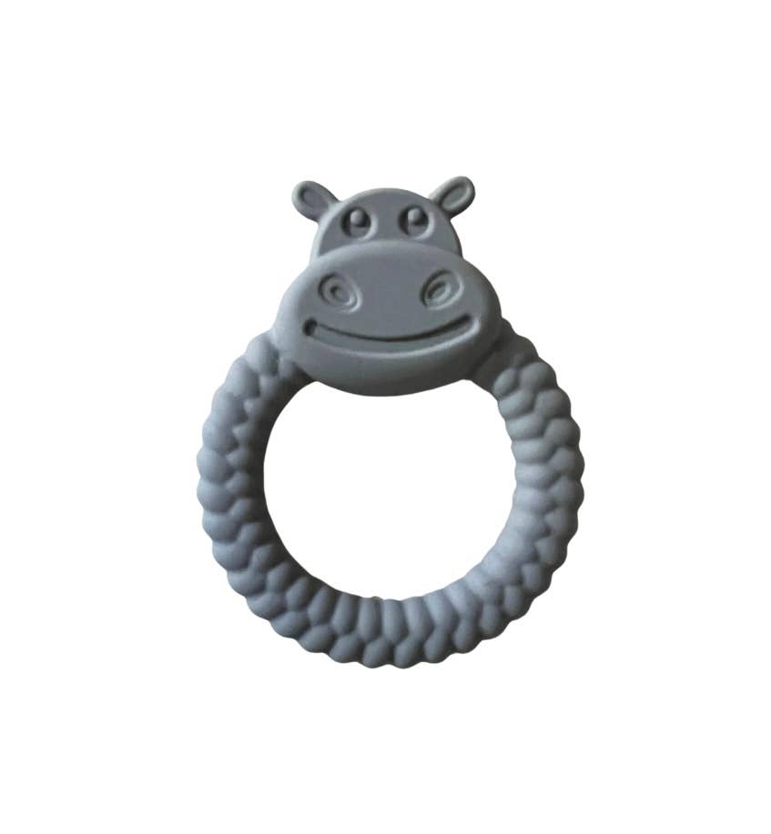 Gray hippo-shaped teething ring on a white background