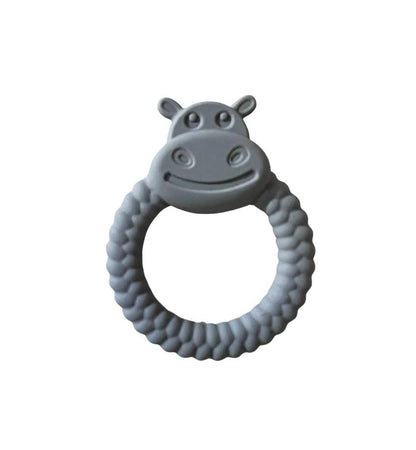 Gray hippo-shaped teething ring on a white background