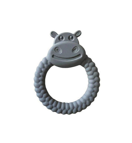 Gray hippo-shaped teething ring on a white background