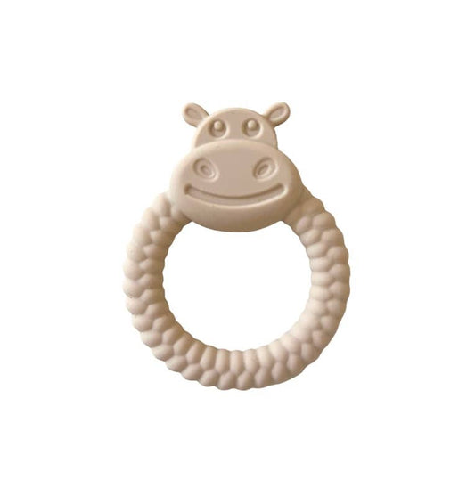 Beige hippo-shaped teething ring on a white background