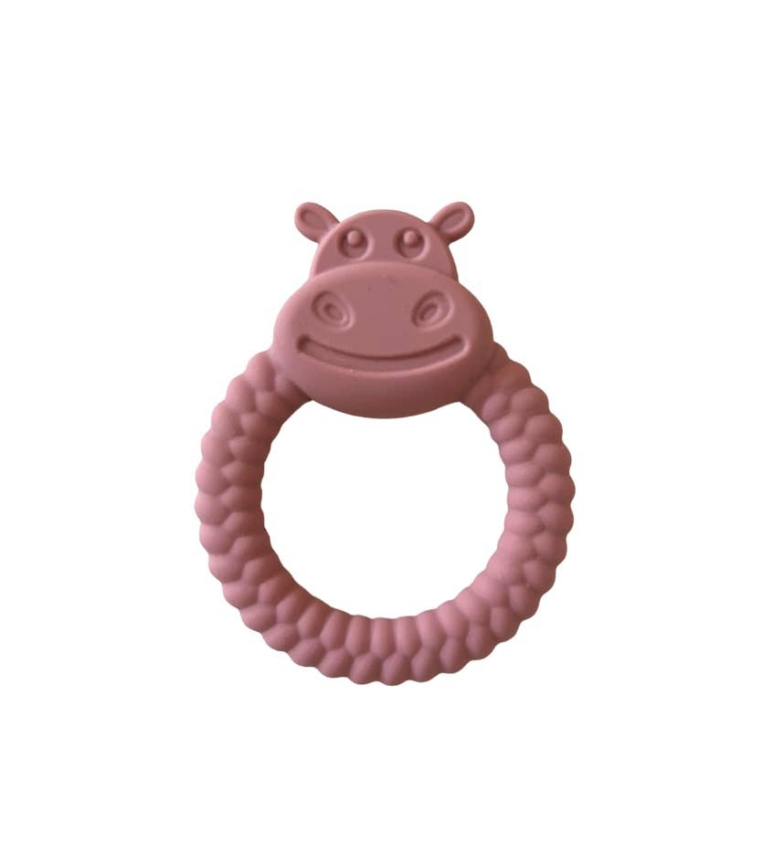 Pink hippo-shaped teething ring on a white background