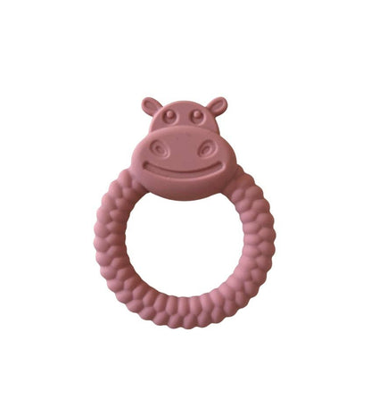 Pink hippo-shaped teething ring on a white background
