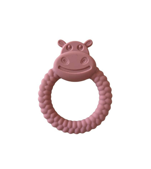 Pink hippo-shaped teething ring on a white background