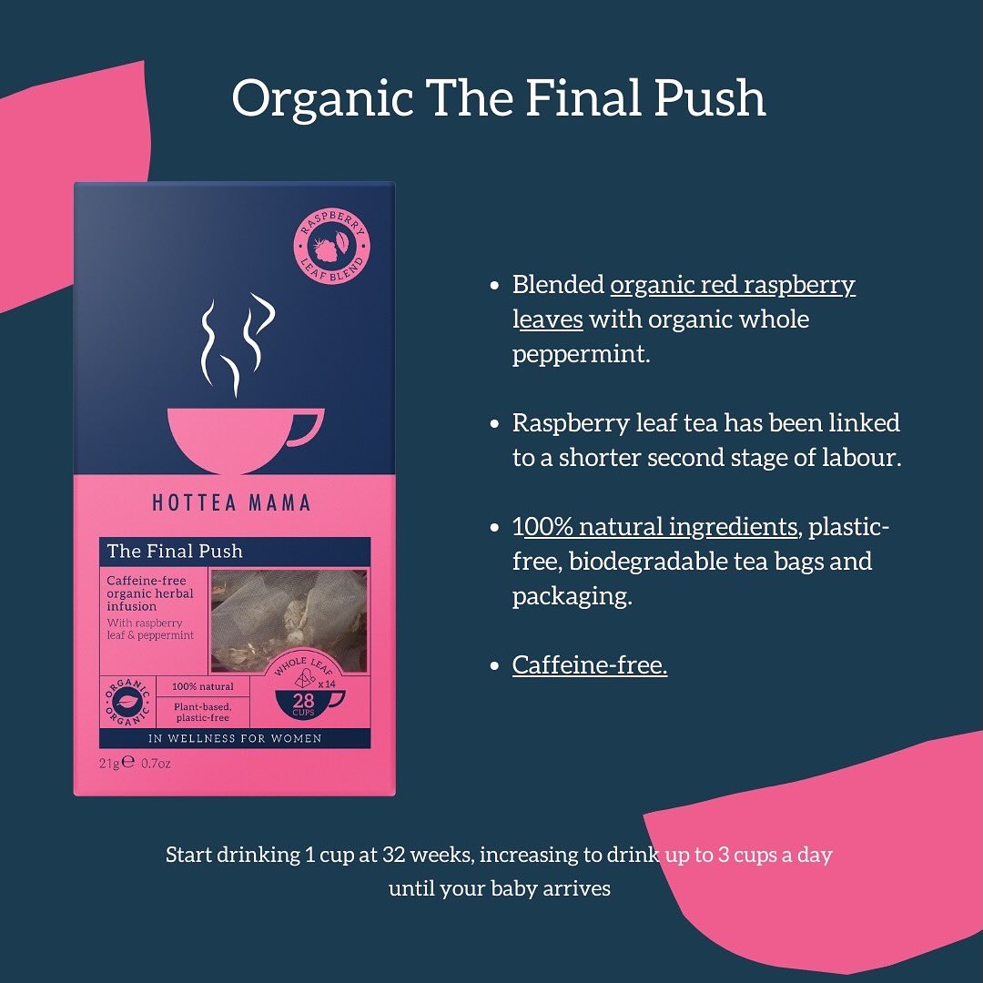 HOTTEA MAMA 'The Final Push' tea package with product details on a dark blue background