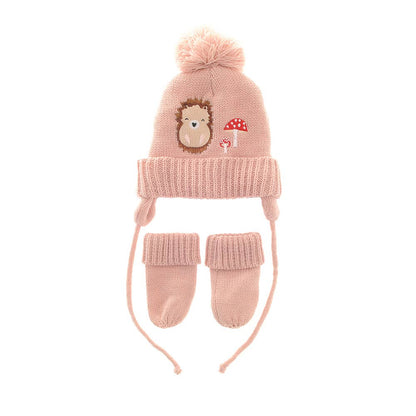 Pink knit hat and mittens set with hedgehog design on a white background