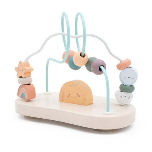 Children's wooden bead maze toy with pastel colours on a white background