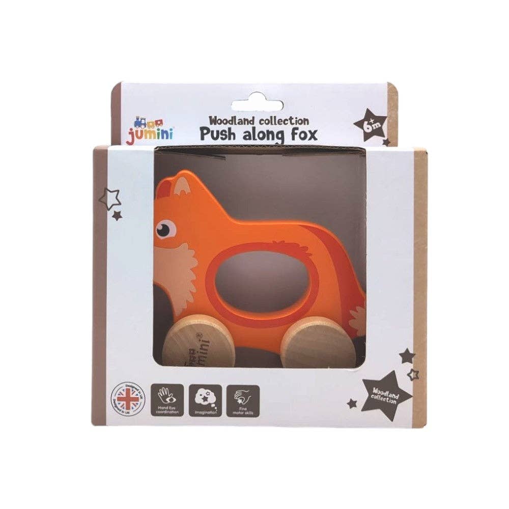 Push along fox toy in packaging with 'jumini' branding on a white background
