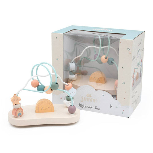 Wooden play gym toy with colourful beads and animals in front of its packaging box.