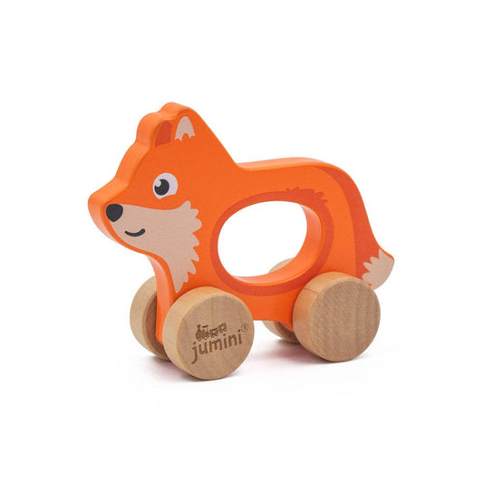Wooden fox toy with wheels on a white background