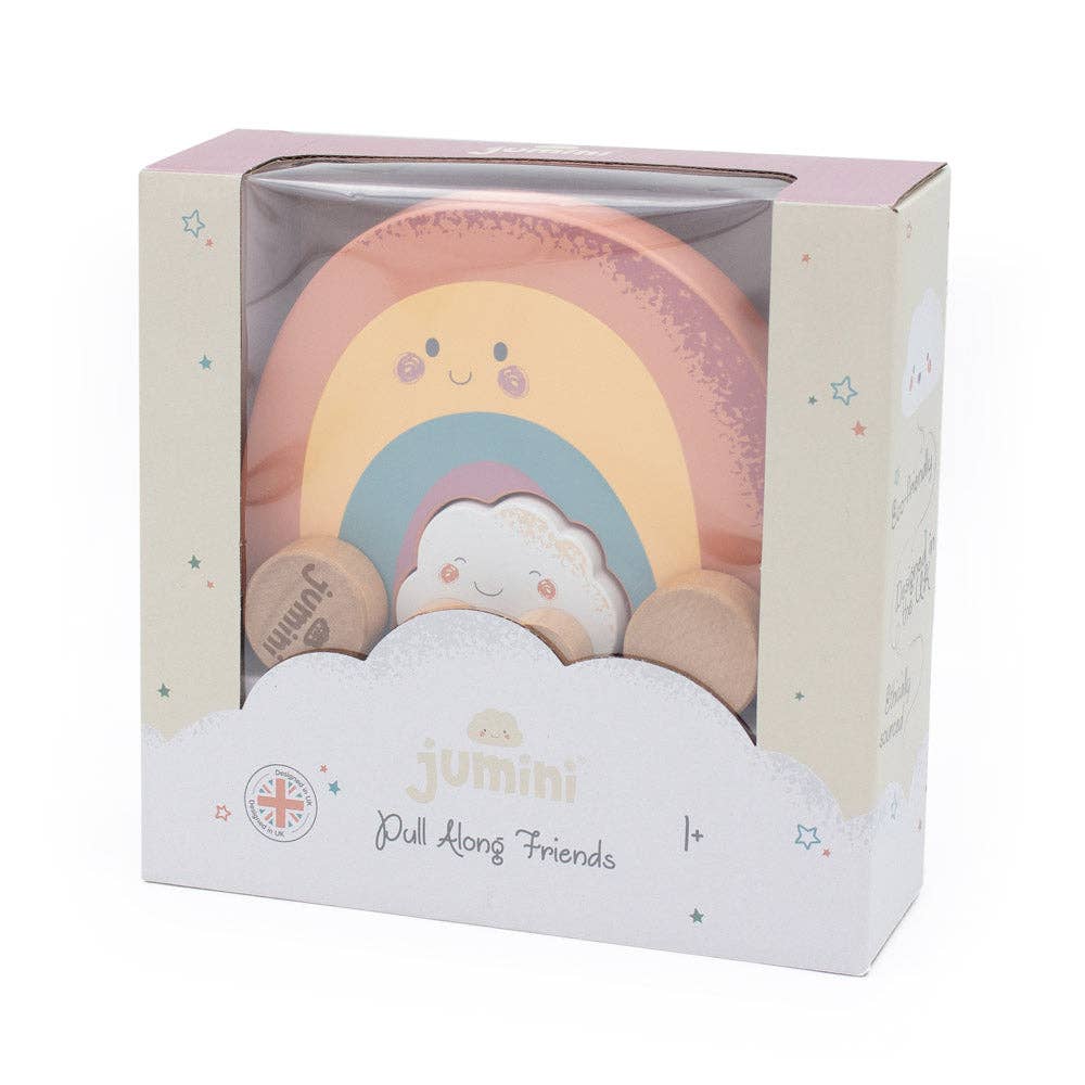 Jumini pull toy packaging with rainbow and cloud design on a white background