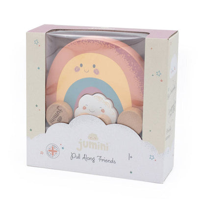 Jumini pull toy packaging with rainbow and cloud design on a white background