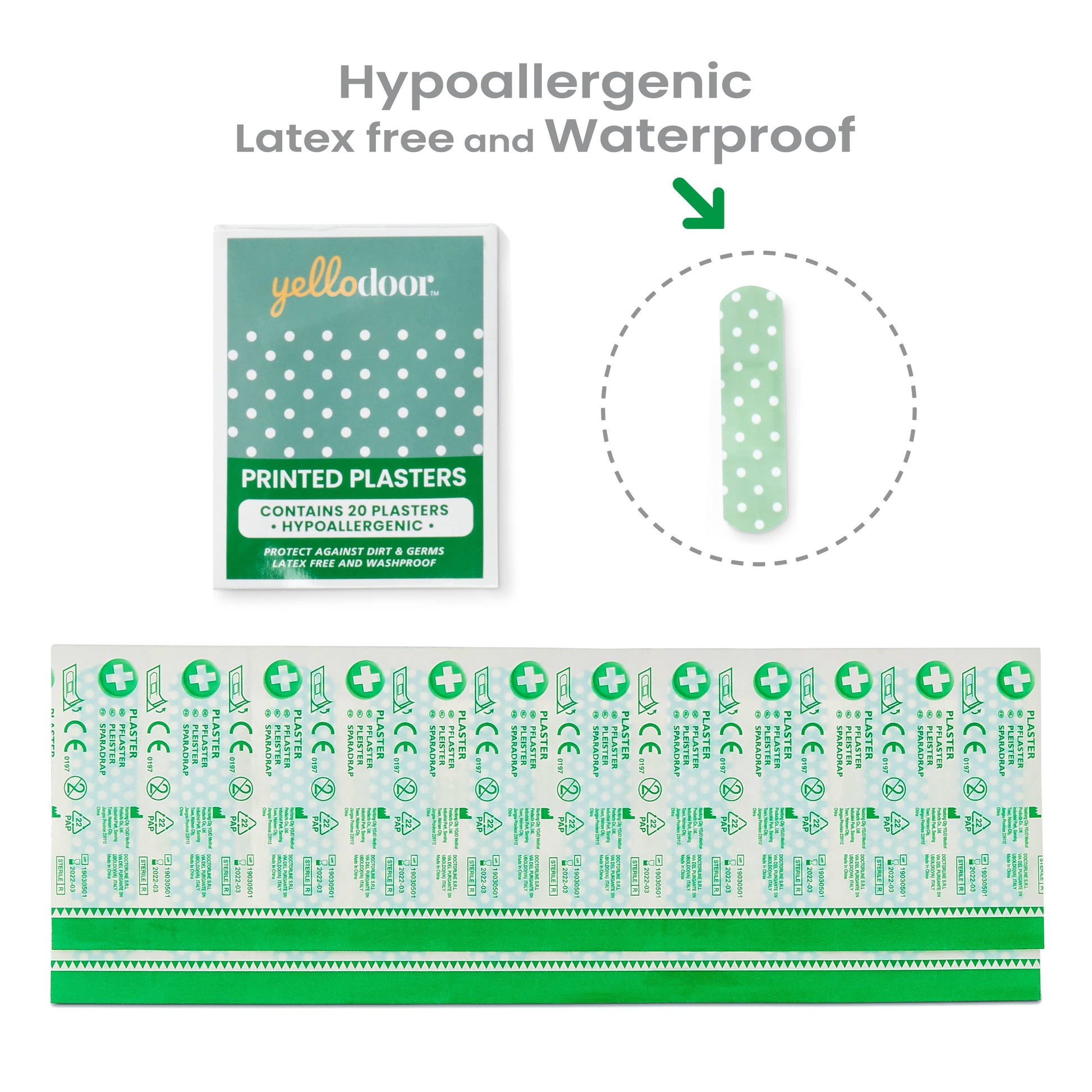 Yelladoor printed plasters packaging with a single plaster shown, on a white background.