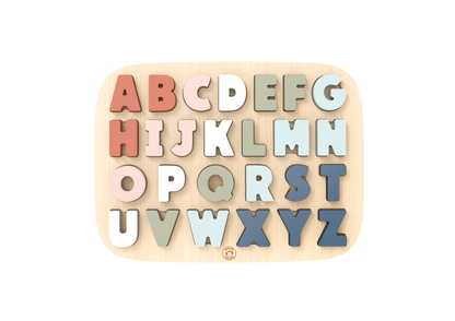 Wooden alphabet puzzle with colorful letters on a white background