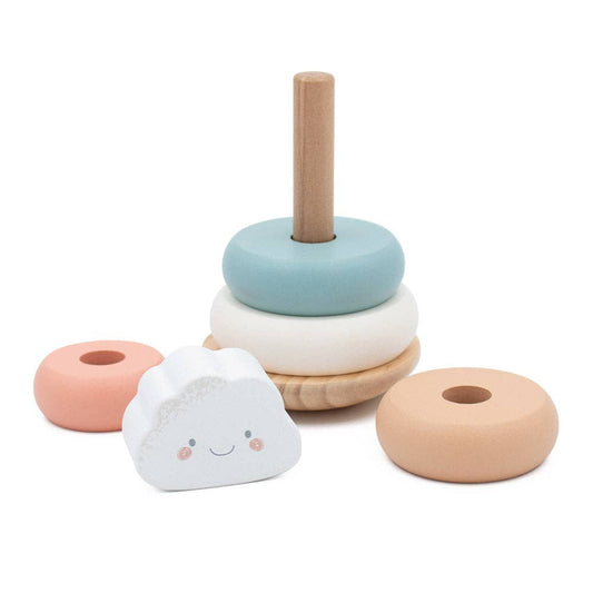 Set of colorful wooden toys including rings and a cloud-shaped block on a white background
