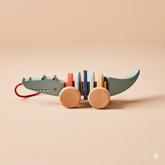 Wooden toy alligator with colorful rings on a beige background