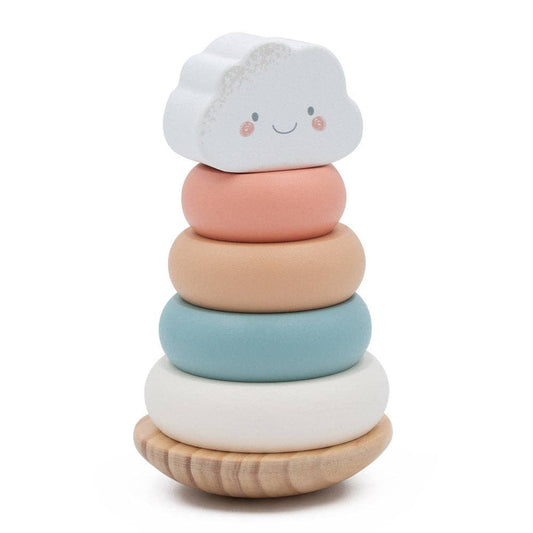 Stack of colourful wooden rings with a cloud-shaped top on a white background