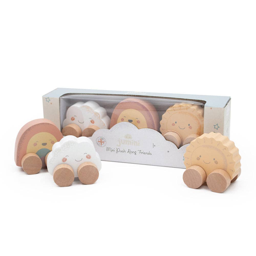 Set of wooden toys shaped like sun, rainbow and cloud in a packaging box on a white background