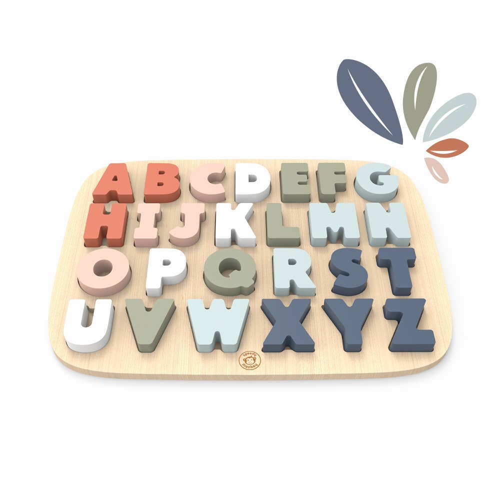 Wooden alphabet puzzle with colourful letters on a white background