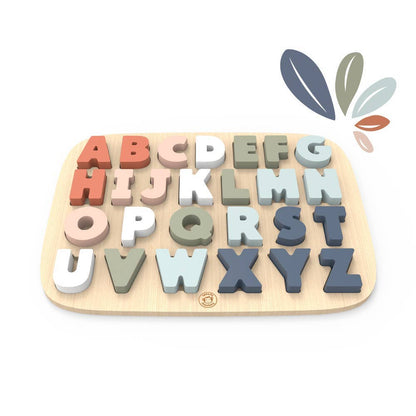 Wooden alphabet puzzle with colourful letters on a white background