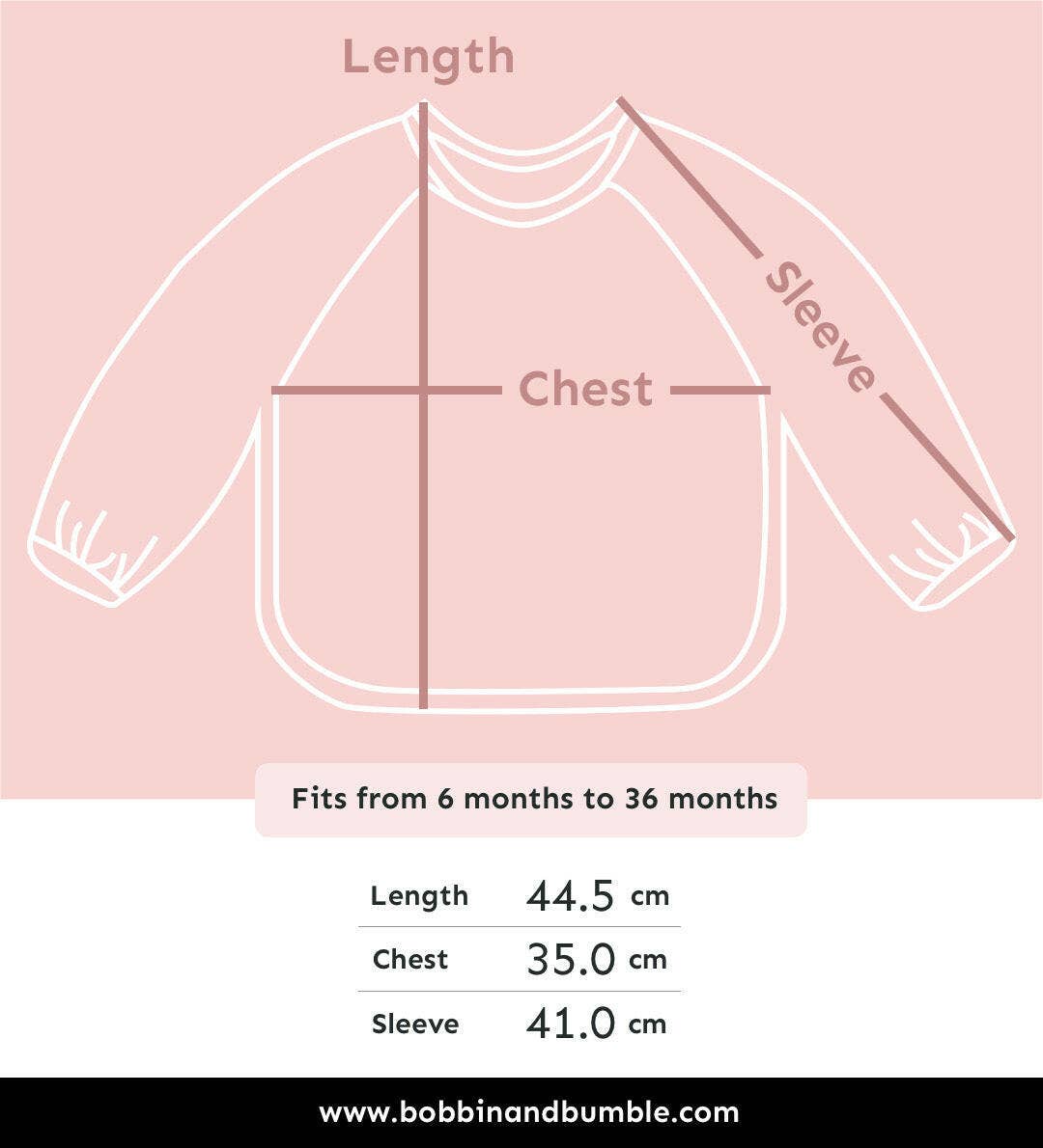 Measurement chart for a child's bib on a pink background with dimensions and brand name.