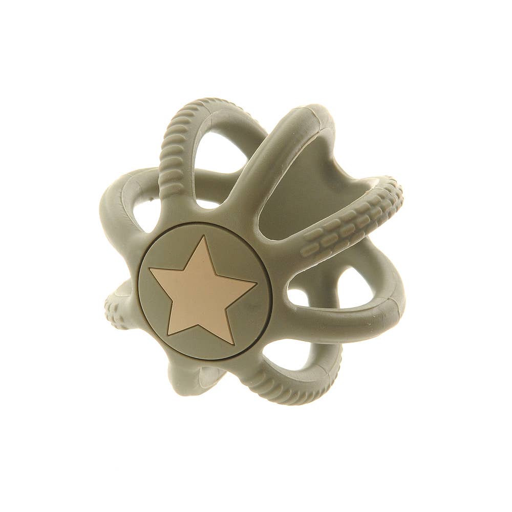 Beige baby teething ring with a star design on a white background