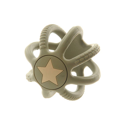 Beige baby teething ring with a star design on a white background