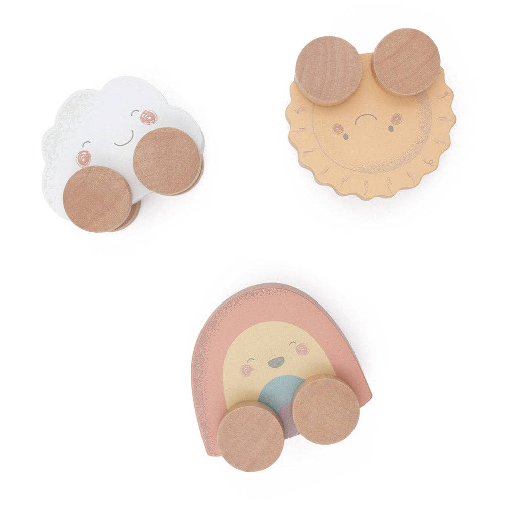 Three wooden push along toys on a white background