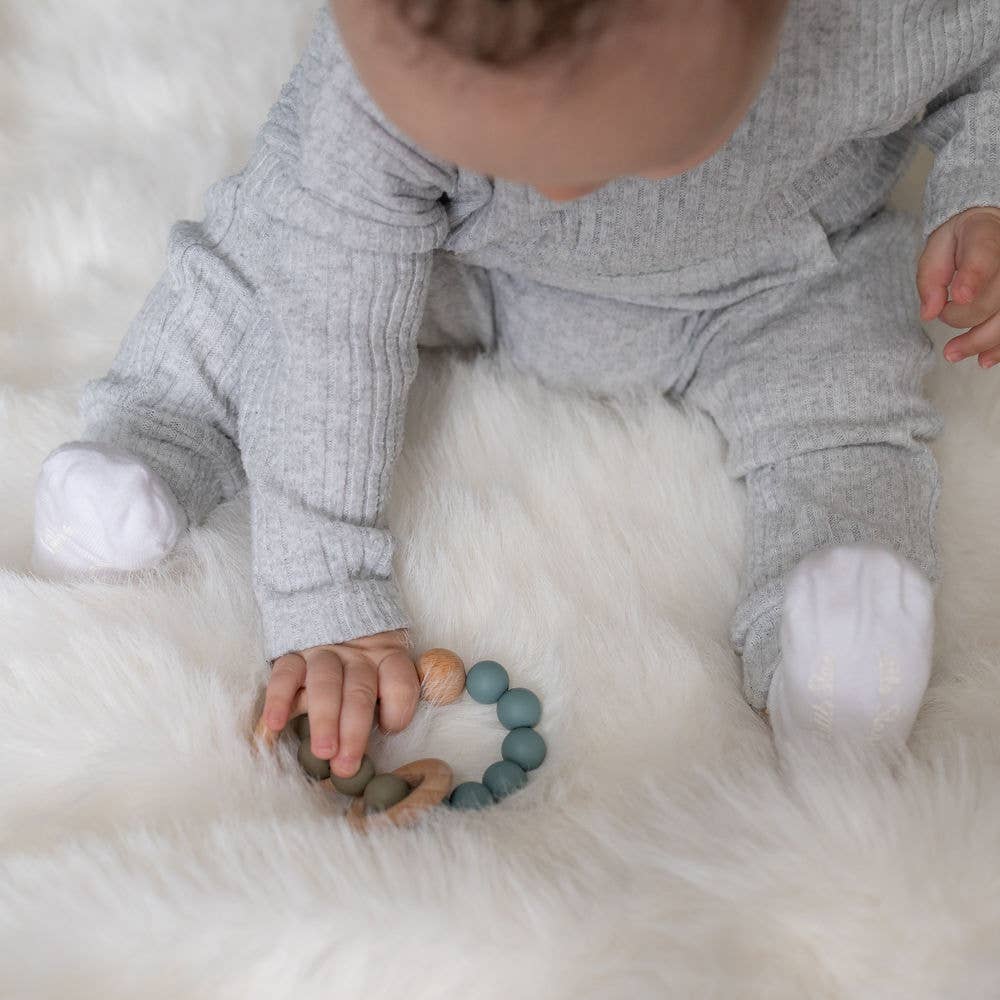 Wooden Teether and Rattle - Blue Grey