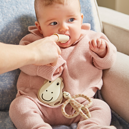 Baby in pink outfit with teething toy, being held by an adult.