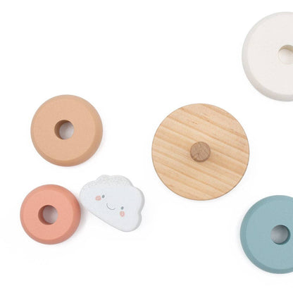 Set of colourful wooden rings on a white background