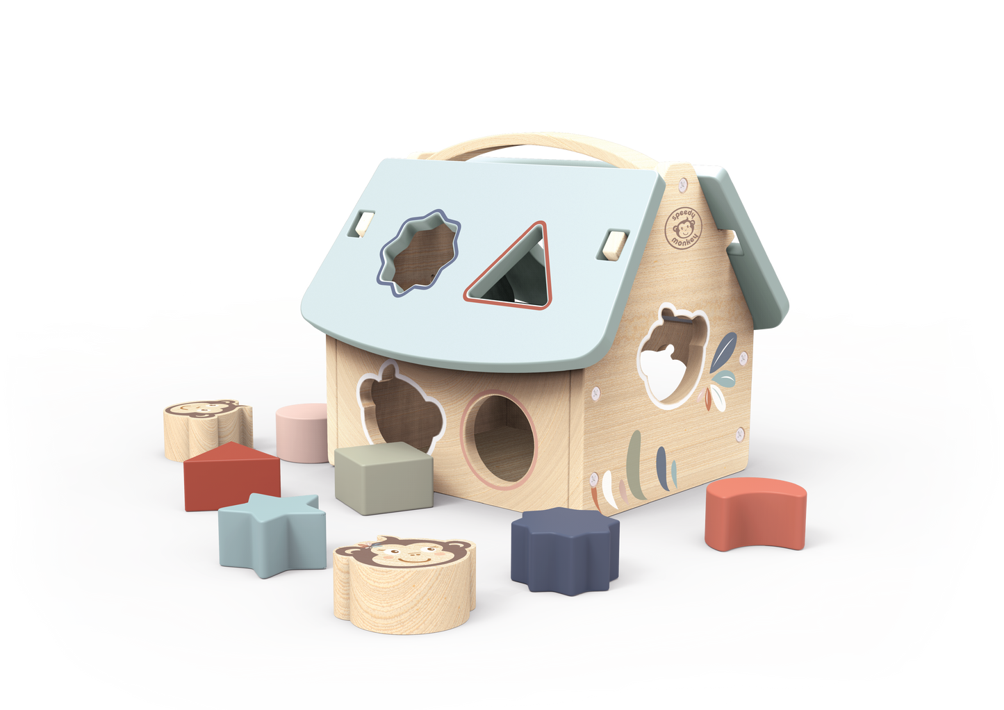 Wooden shape sorting toy with colourful geometric blocks on a white background