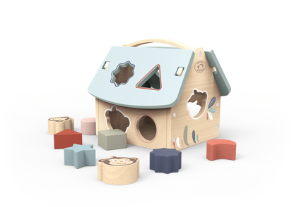 Wooden shape sorting toy with colourful geometric blocks on a white background