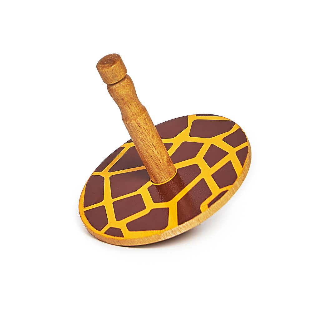 Wooden toy with giraffe pattern on a white background