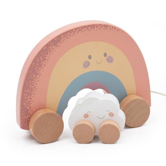 Wooden toy with a rainbow and cloud design on a white background