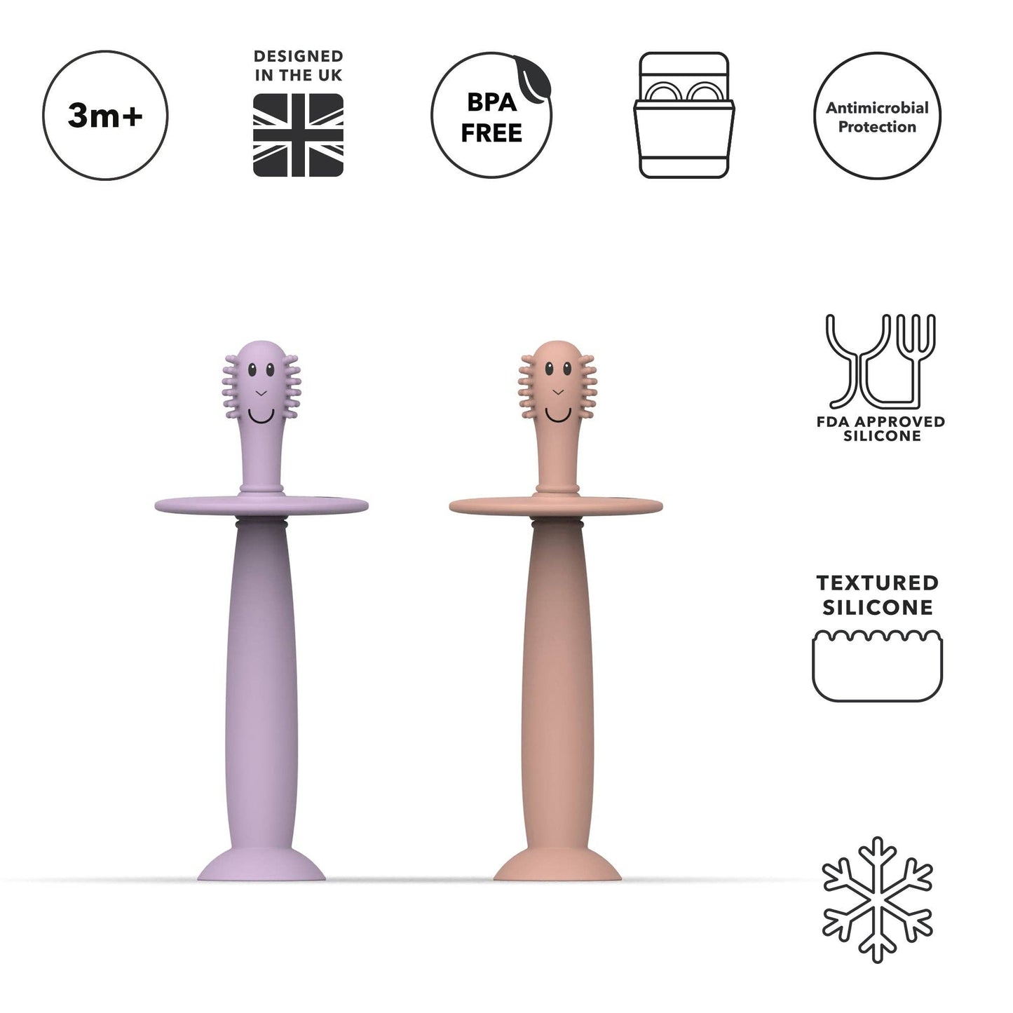 Two silicone teethers, one purple and one pink, with various features listed above them on a white background.