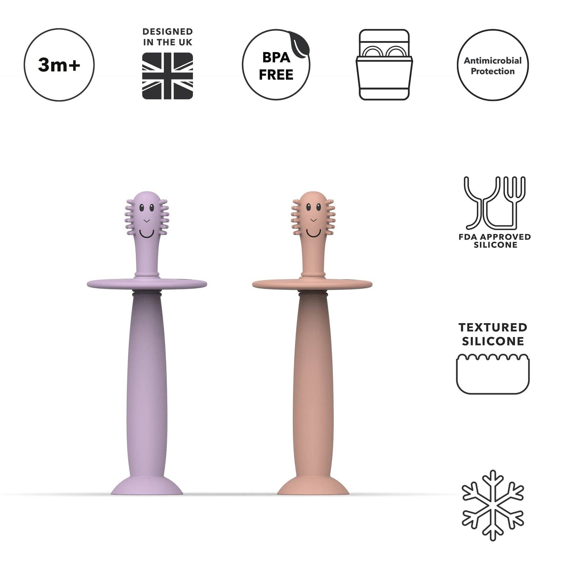 Two silicone teethers, one purple and one pink, with various features listed above them on a white background.